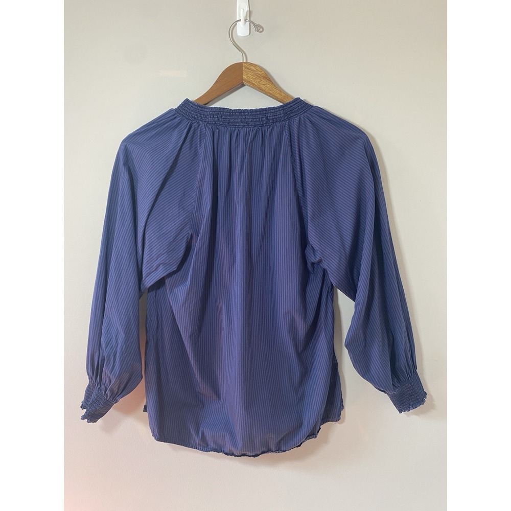 NATION LTD Estelle Poplin Peasant Blouse SMALL Blue Striped Pima Smocked Cuff - Picture 2 of 7